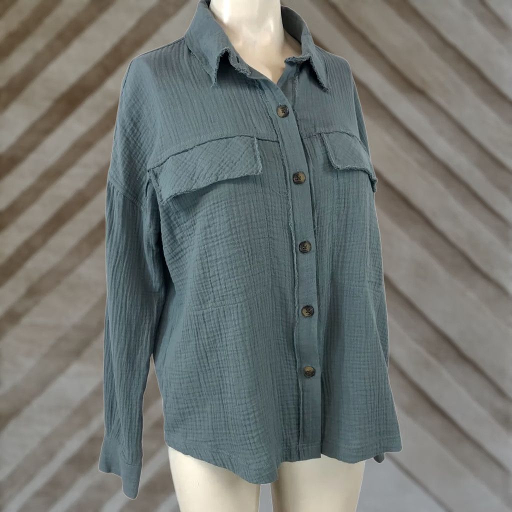 Vintage SUPPLIES Top Womens S Gray WOMEN BLUE LONG SLEEVE BUTTON GAUZE COTTON Size S / US 4 / IT 40 - 1 Thumbnail