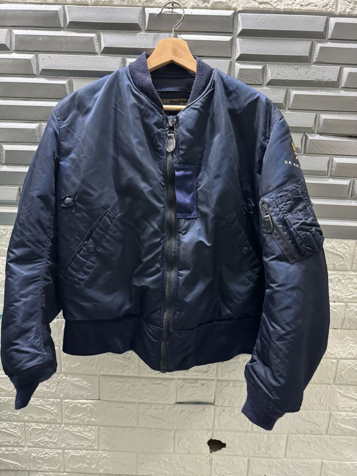 image of Vintage Air Force Military Flight Bomber Jacket in Dark Blue, Men's (Size Medium)