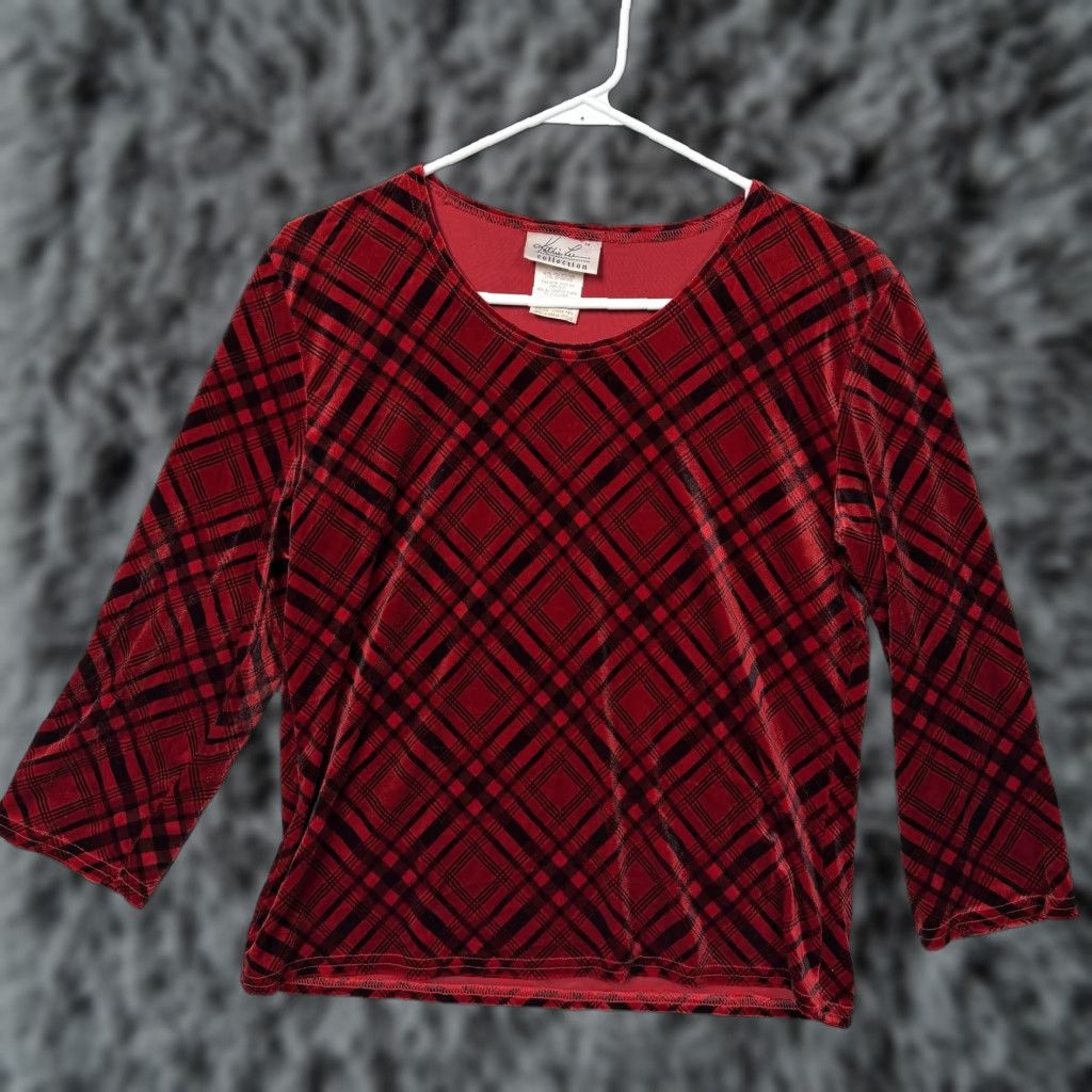 Lee VINTAGE Kathie Lee Collection Velour Outfit Set Women S China Red Plaid 2 Piece Sweater Skirt Autumn Winter 3/4 Sleeve Mens? Ladies? Size 28" / US 6 / IT 42 - 1 Thumbnail