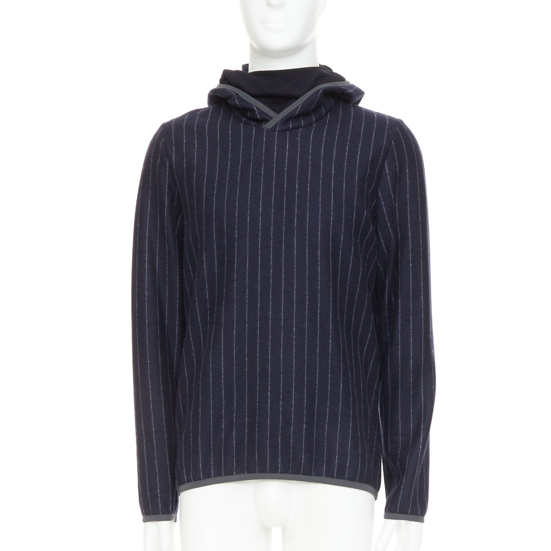 SEASE SEASE Drone Hood navy virgin wool cashmere pinstripe trimmed hoodie S Size US S / EU 44-46 / 1 - 1 Thumbnail