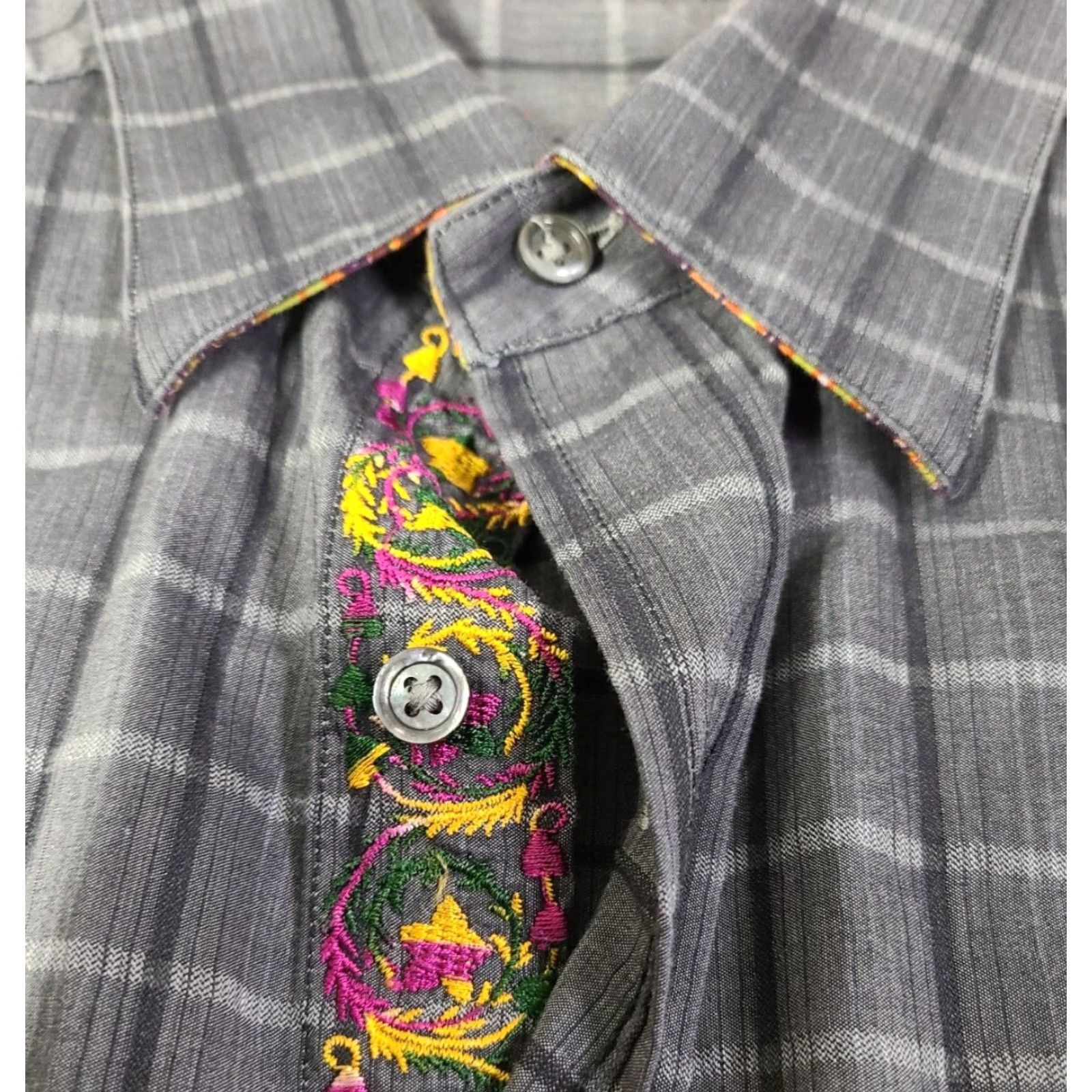 Robert Graham Robert Graham Men's Long Sleeve Shirt Gray Square Pattern Button-Up Collared Embroidered Graphic Print Size L Size US L / EU 52-54 / 3 - 7 Thumbnail