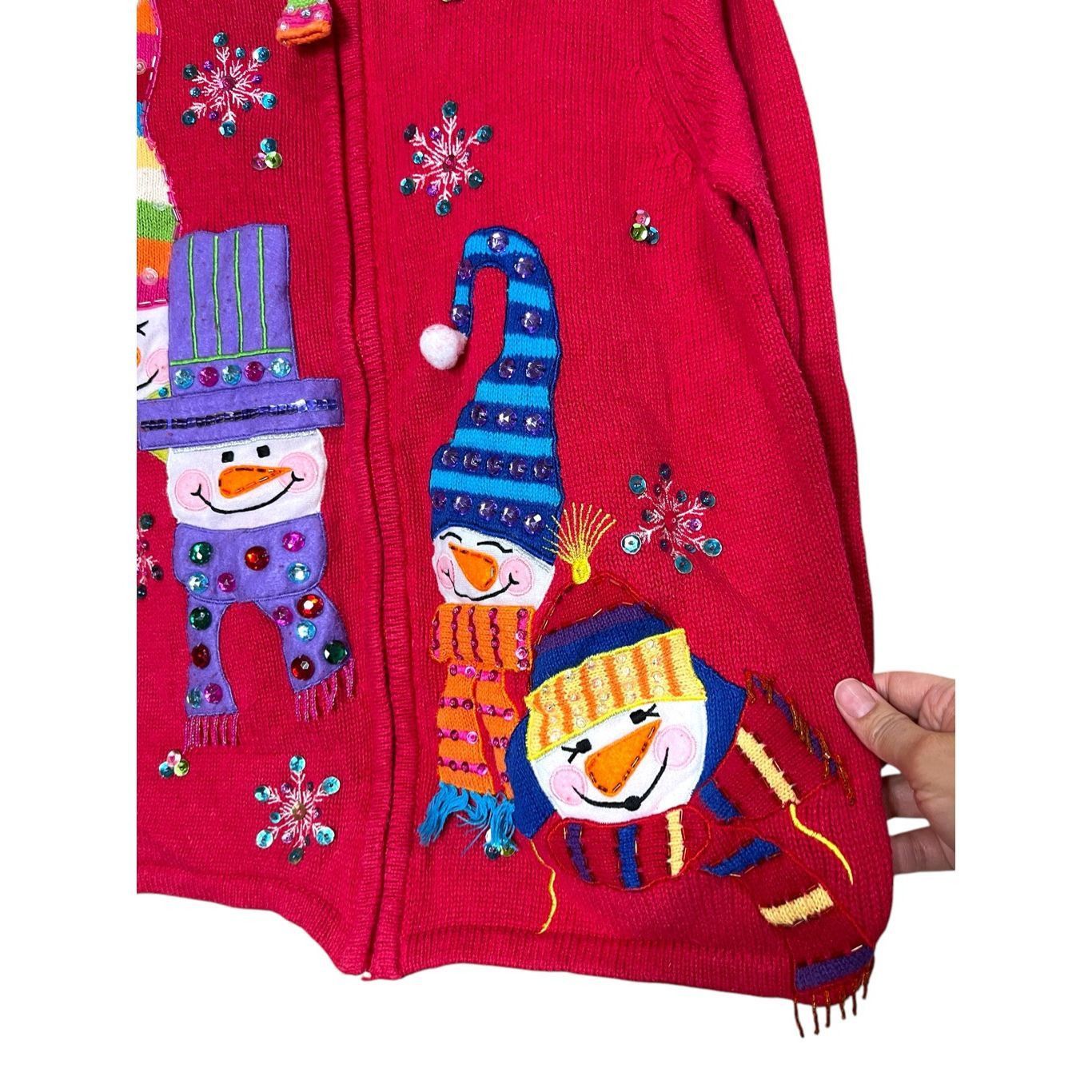 Other Vintage Tiara International Zip Cardigan Red Snowman Christm Size L / US 10 / IT 46 - 2 Thumbnail