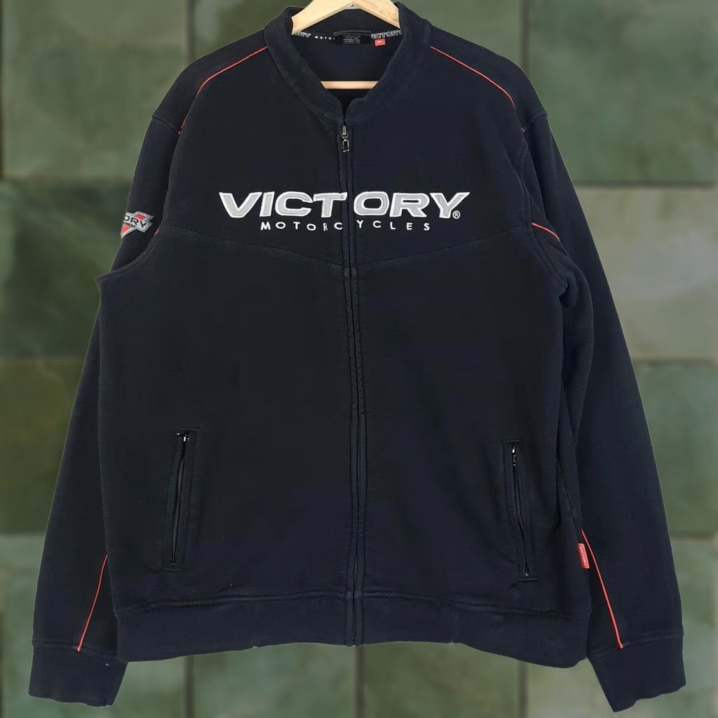 Vintage Victory Motorcycles Jacket Mens XL Black Distressed Embroidered Zip Full Zip Pockets Stand-Up Collar Autumn Casual Riding US Logo Size US XL / EU 56 / 4 - 1 Thumbnail