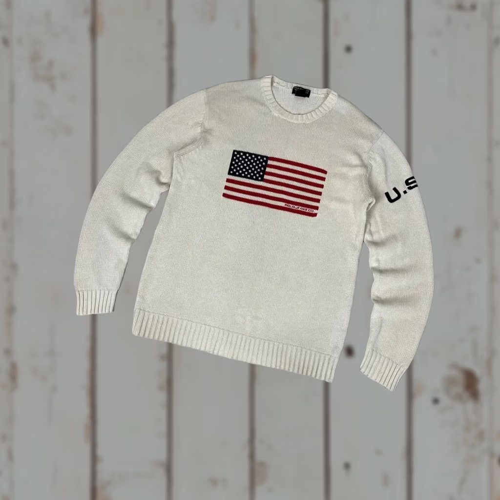 Polo Ralph Lauren VINTAGE Polo Jeans Co Ralph Lauren Sweater Men White Size L USA Flag Logo Size US L / EU 52-54 / 3 - 1 Thumbnail