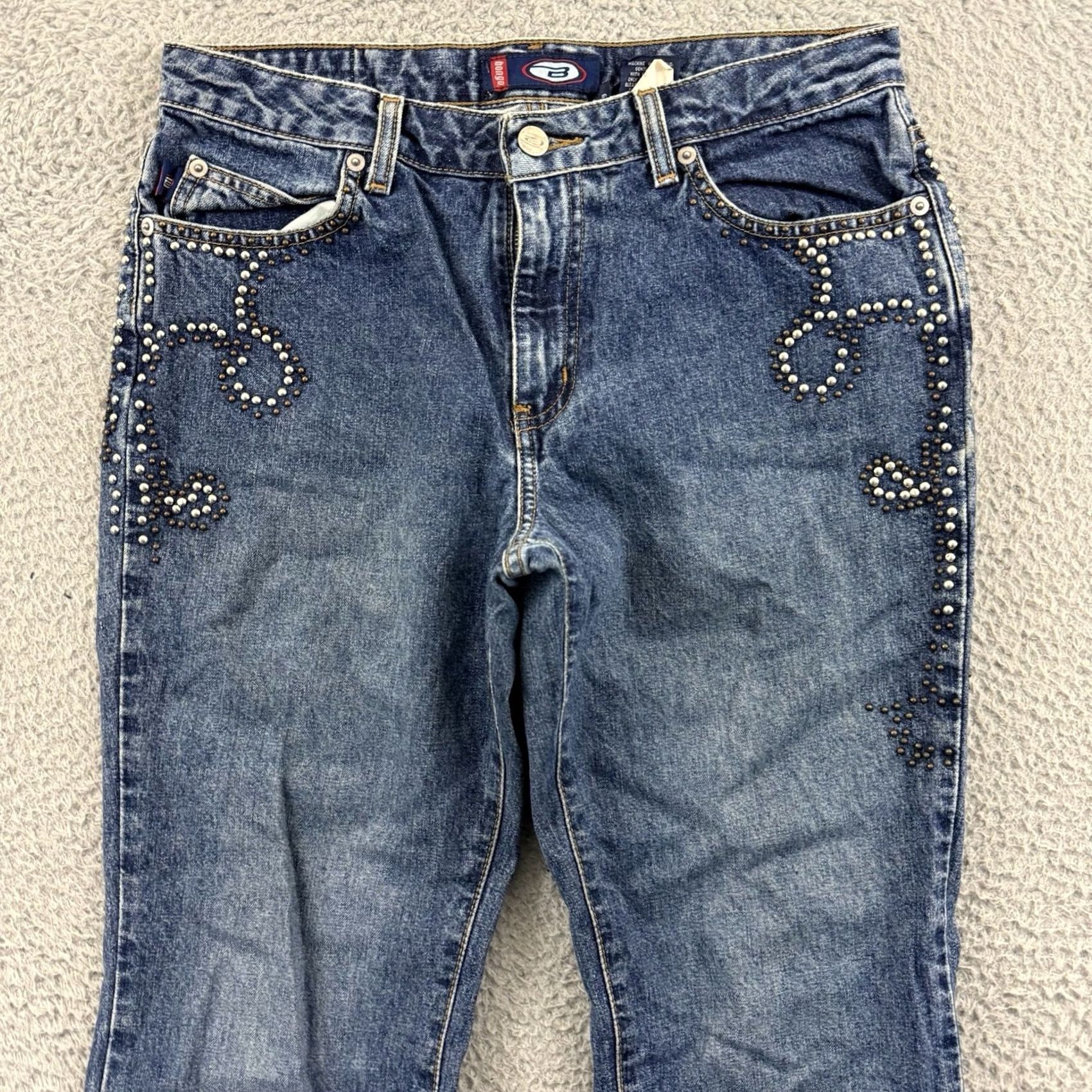 Vintage Bongo Jeans Womens 9 Blue Denim 90s Low Rise Flare Studded Y2K Size 30" / US 8 / IT 44 - 3 Thumbnail