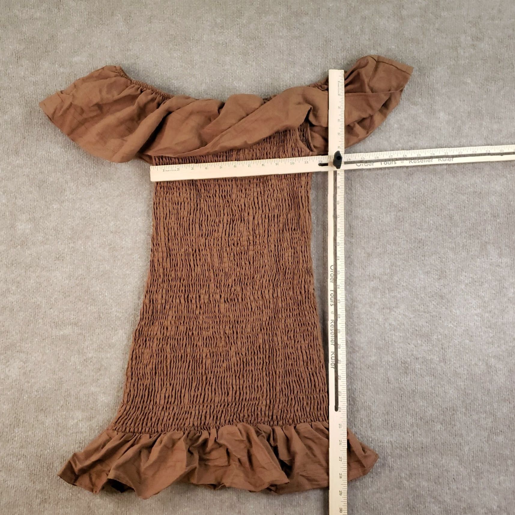 Anthropologie VINTAGE Anthropologie Women’s Dress XS Short Ruffle Off-Shoulder Bodycon Brown Cotton Nylon Size XS / US 0-2 / IT 36-38 - 2 Thumbnail