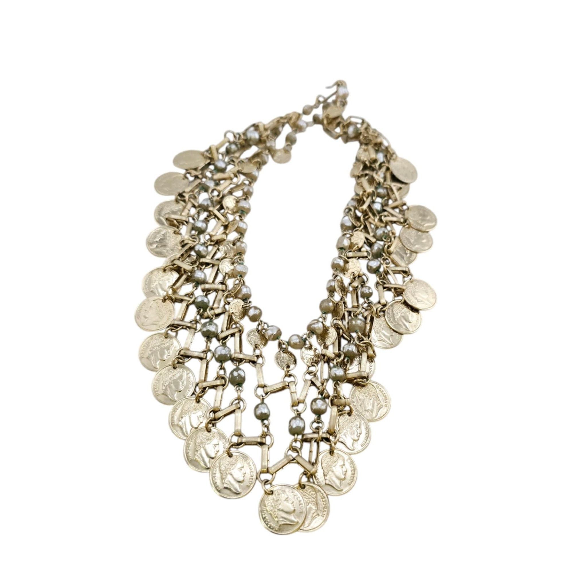 Vintage Vintage 80s Faux Pearl & Coin Bib Necklace (A7867) Size ONE SIZE - 6 Thumbnail