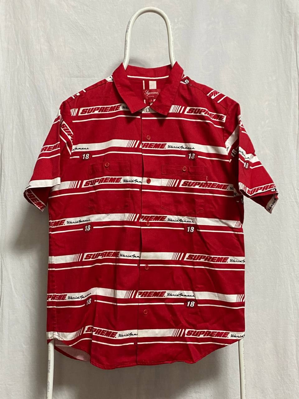 👕 Supreme “World Famous” Button-Up – Racing Stripe Print