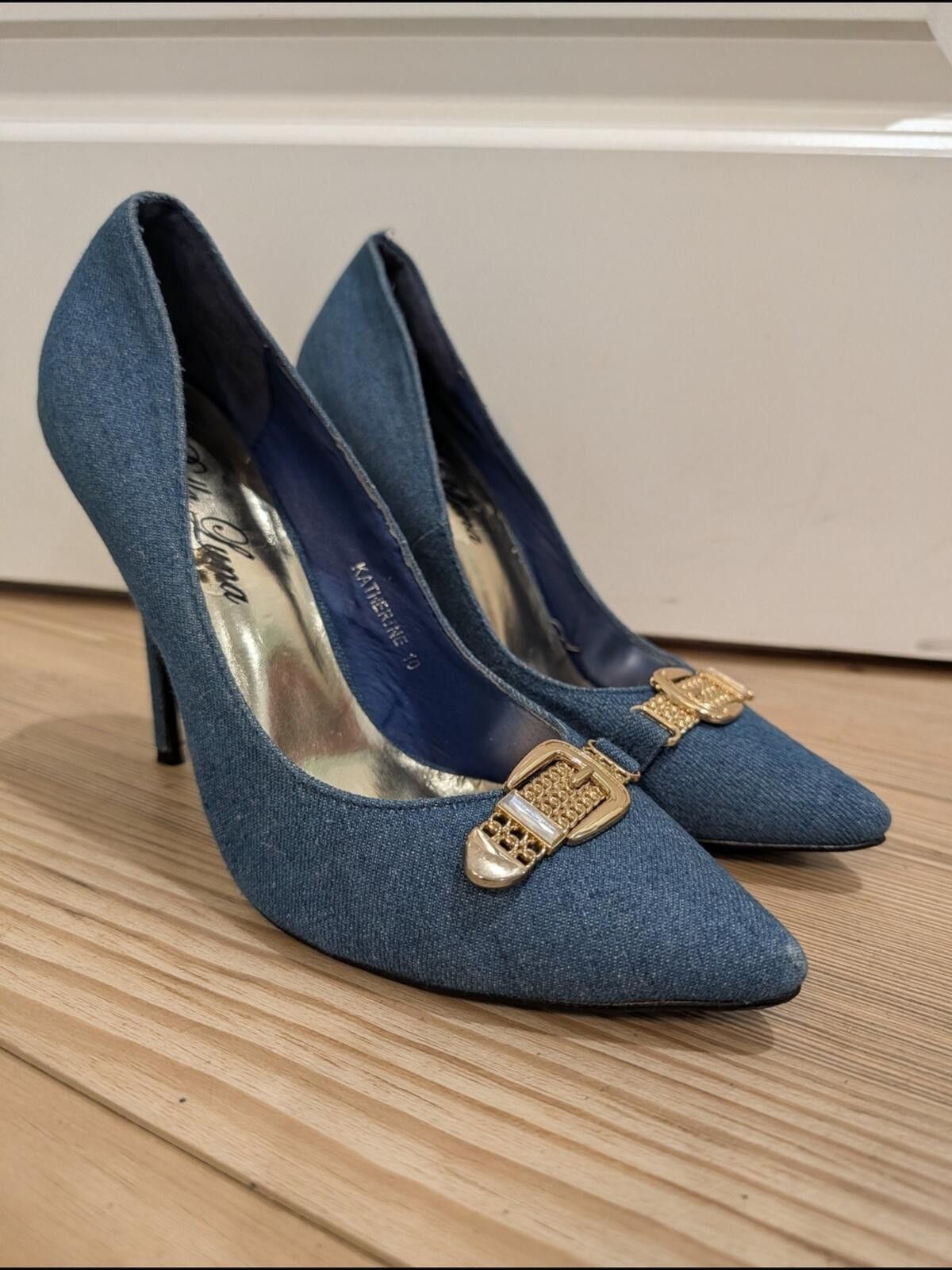 Other Denim Pointed Toe High Heels with Gold Buckle Size US 10 / IT 40 - 2 Thumbnail