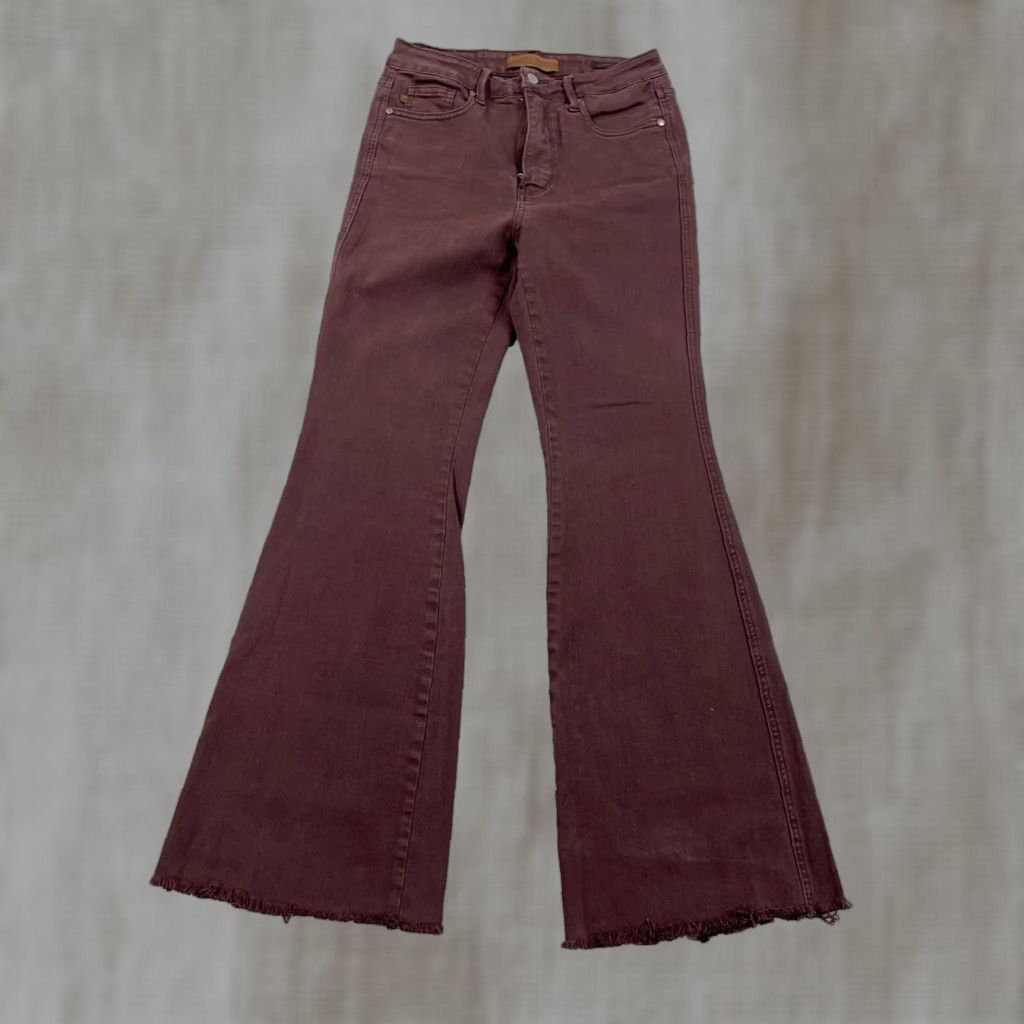 Vintage Judy Blue Jeans Women 5 27 Brown Flared High Rise Western Boho Bellbottom Distressed Stretch Denim Jeans Womens Size 27" / US 4 / IT 40 - 1 Thumbnail