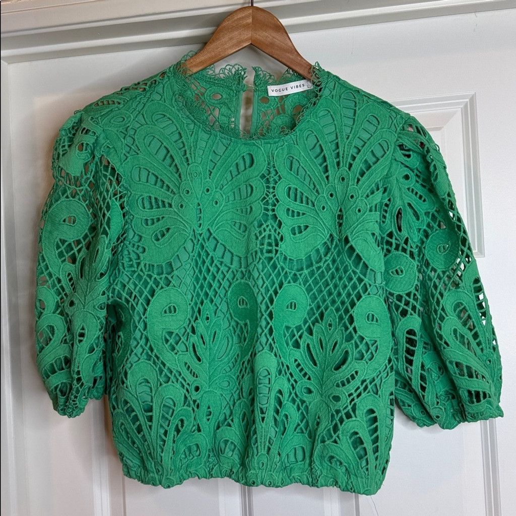 Other Vogue Vibes green crop puffy sleeve floral blouse top sz Lg Size L / US 10 / IT 46 - 3 Thumbnail