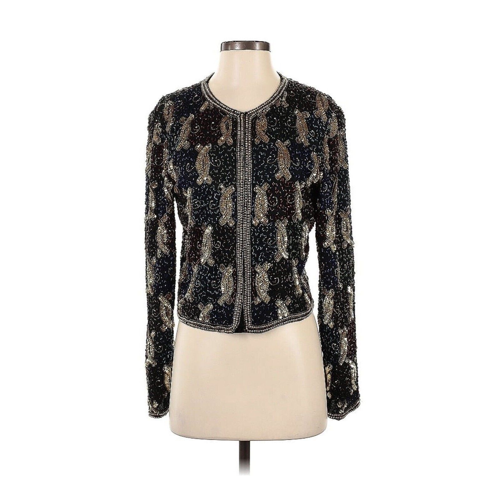 Vintage VTG LAURENCE KAZAR silk Sequin Beaded Black Gold Jacket SP Size S / US 4 / IT 40 - 1 Thumbnail