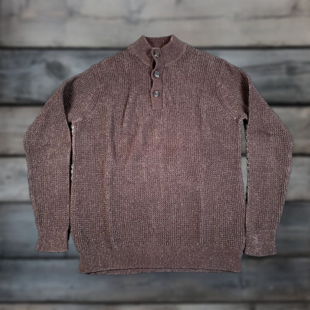 Vintage VINTAGE Henley Sweater Shirt Men Large Brown 90s Chunky Knit Mock Neck Heavyweight Cotton Retro Size US L / EU 52-54 / 3 - 1 Thumbnail