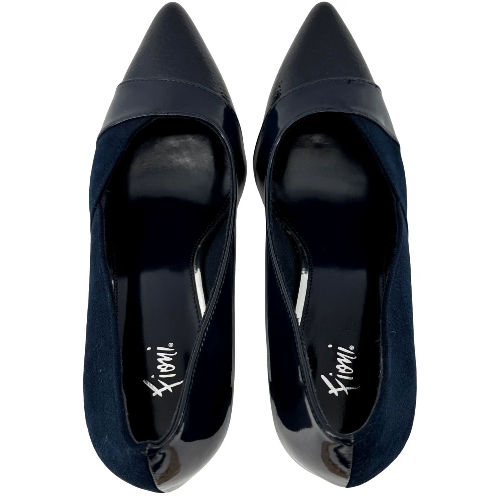 Vintage Fioni Pointed Toe Pump Navy Blue 7W Wide Kitten Heel Patent Suede Mixed Media Office Formal Women Shoes Size US 7 / IT 37 - 3 Thumbnail