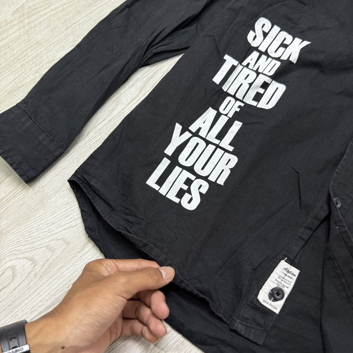 Japanese Brand PLEASURES attention minor threat back print button up shirt Size US L / EU 52-54 / 3 - 4 Thumbnail