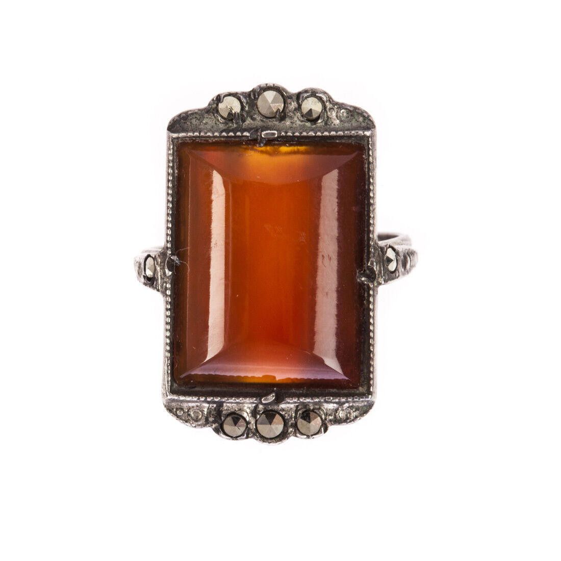 Designer Art Deco Sterling Silver Carnelian and Marcasite Ring Size ONE SIZE - 1 Thumbnail