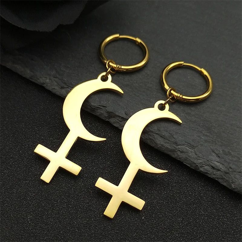 Jewelry Crescent Moon Inverted Cross Hoop Earrings Jewelry Gift Size ONE SIZE - 4 Thumbnail