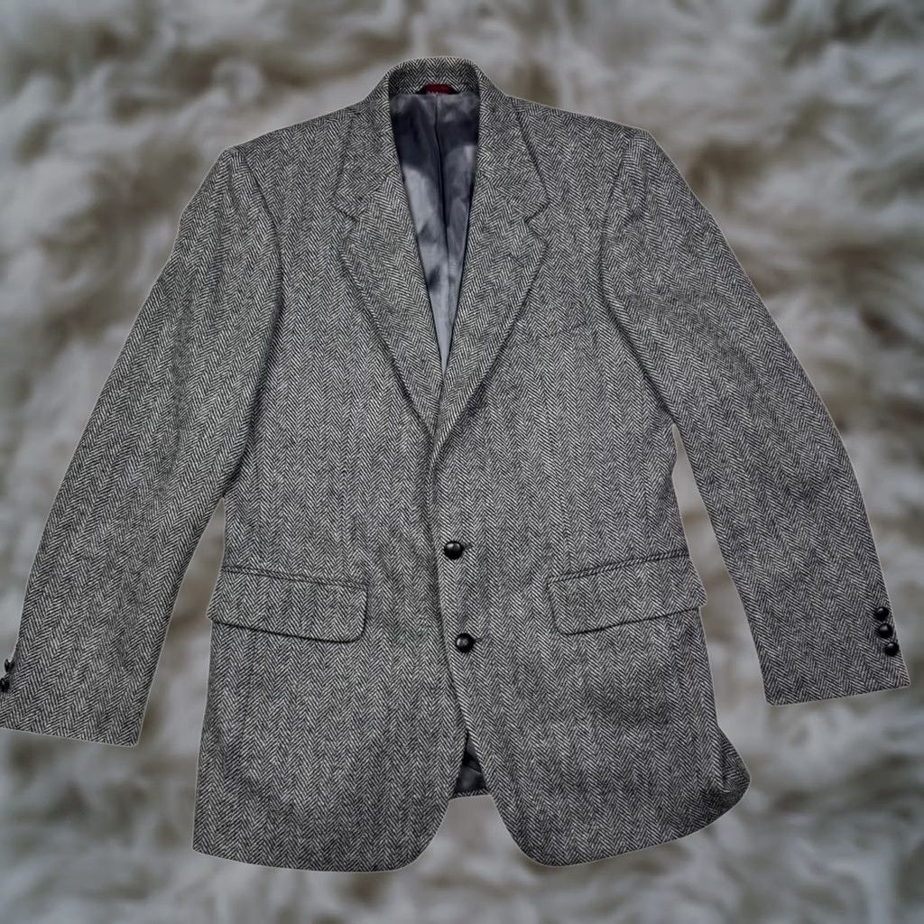 Vintage VINTAGE Saville Row Blazer Wool Tweed Leather Button Gray 40L Mens Jacket Long Size 40R - 1 Thumbnail