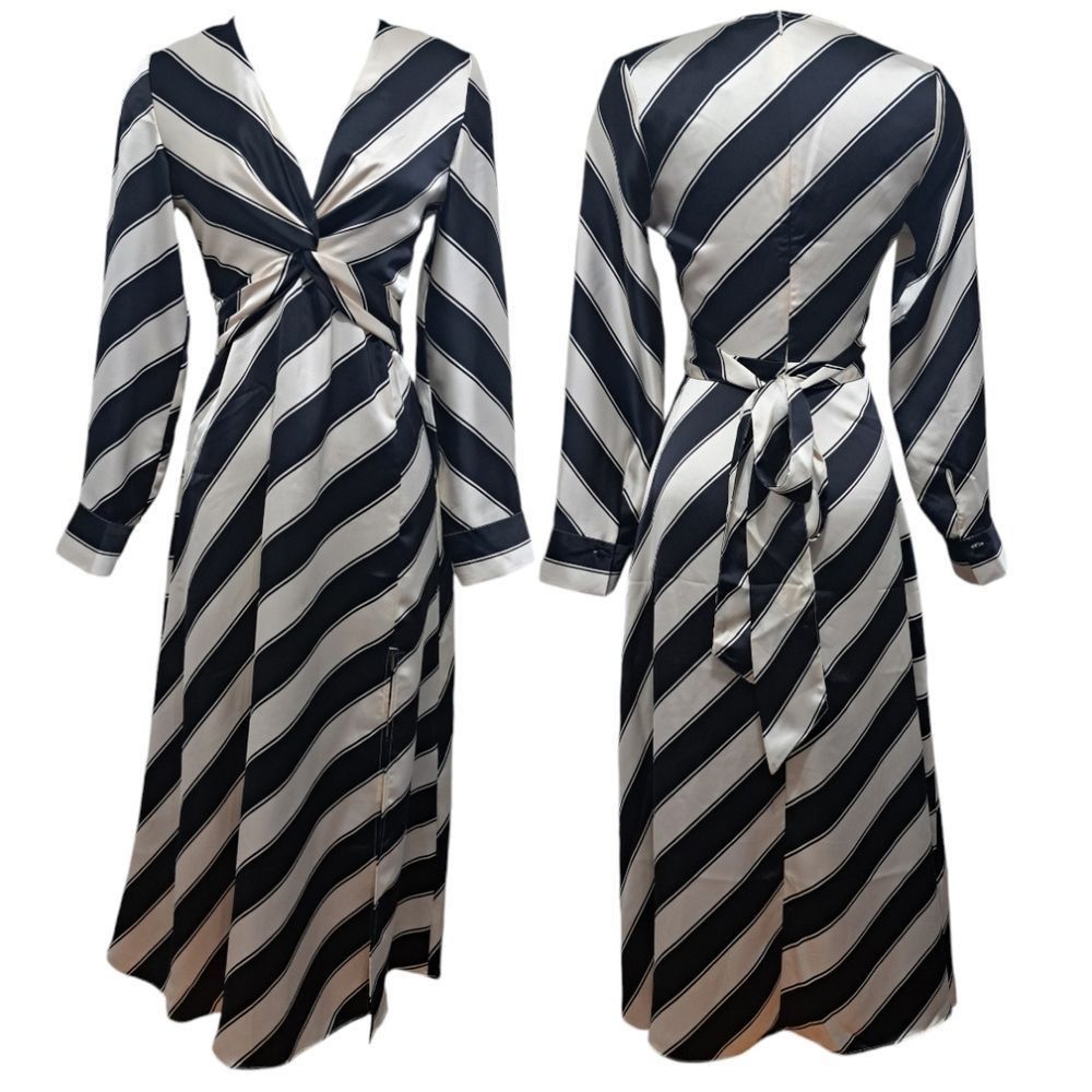 H&M H&M Twist Detail V-Neck Satin Dress Size XS Cream/ Black Size XS / US 0-2 / IT 36-38 - 2 Thumbnail