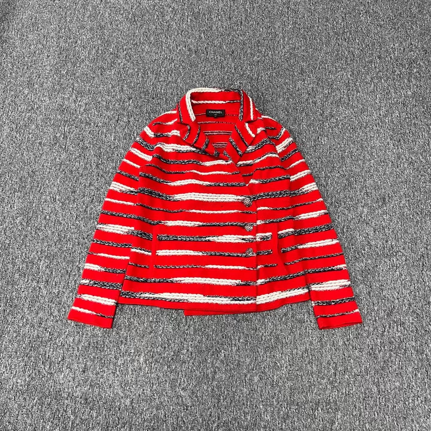 Chanel Chanel Women's Roof Runway Knit Jacket Red w/ B&W Stripes Size XS / US 0-2 / IT 36-38 - 1 Thumbnail