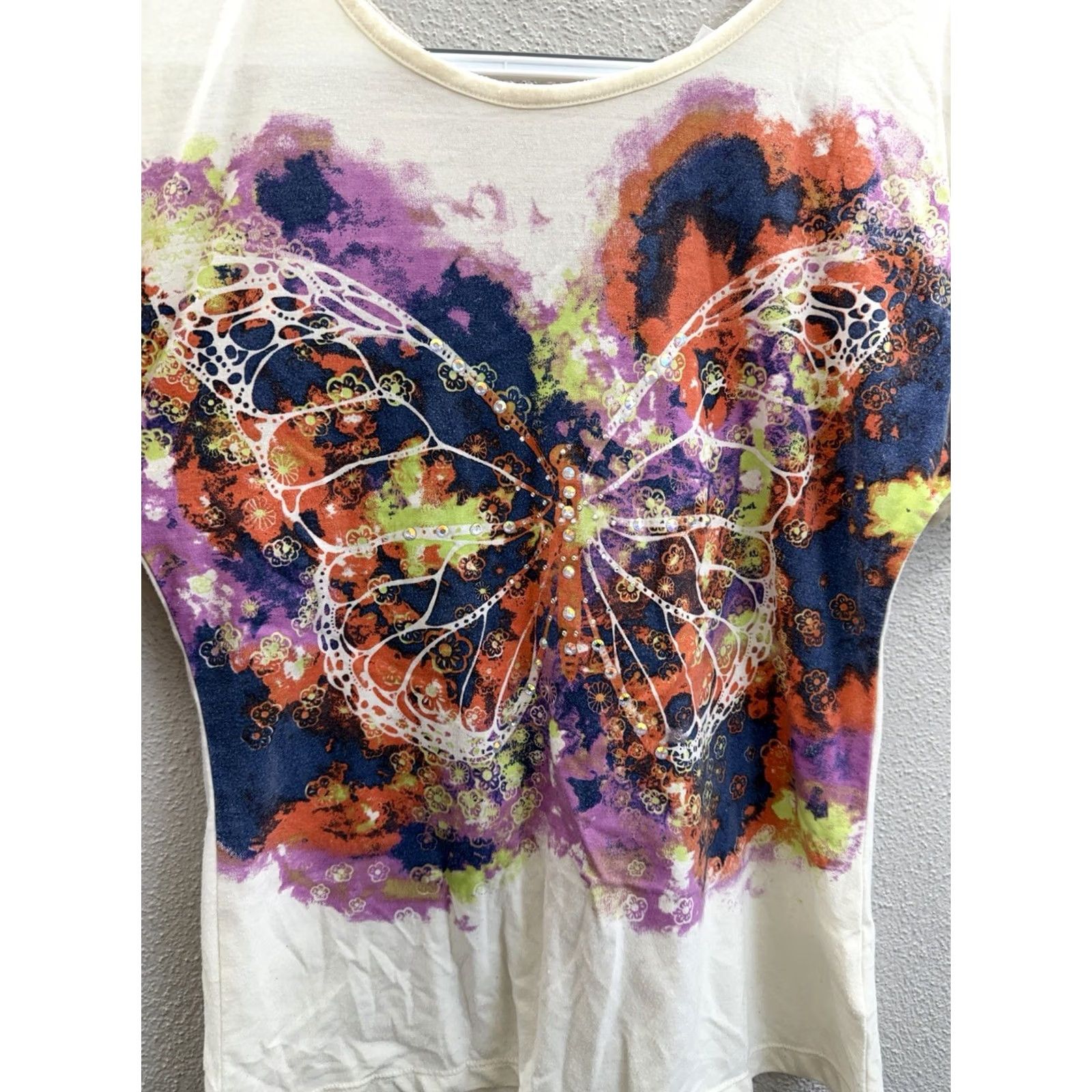 Vintage D-Signed Shirt Junior's Large Cream Butterfly Gem Embellished Short Sleeve Y2K Size L / US 10 / IT 46 - 2 Thumbnail