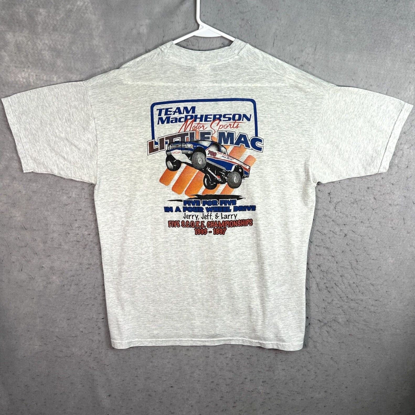 image of Fruit Of The Loom Vintage 90's Team Macpherson Off Road Racing Chevrolet T Shirt Adult XL Gray Mens