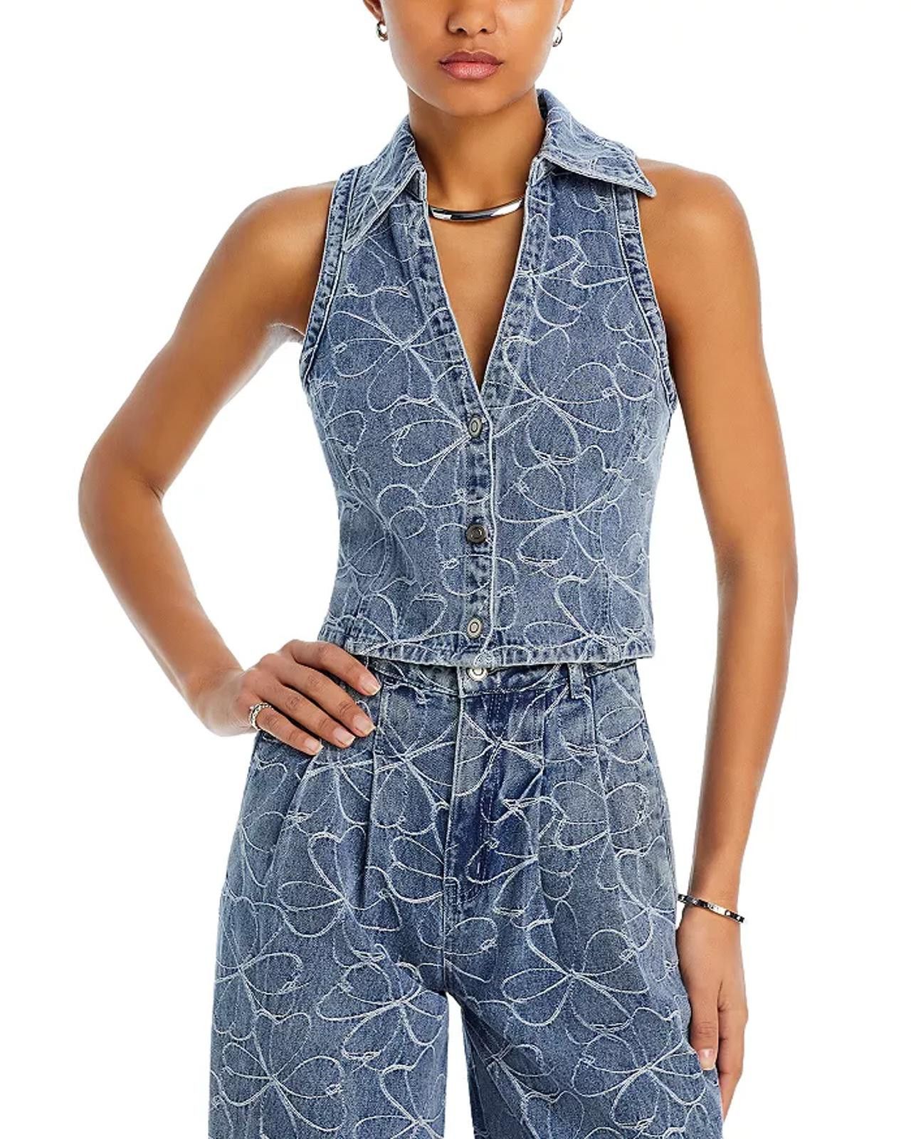 Designer Ramy Brook Deacon Floral-Embroidered Denim Crop Top - Small Size XXS / US 00 / IT 34 - 2 Thumbnail