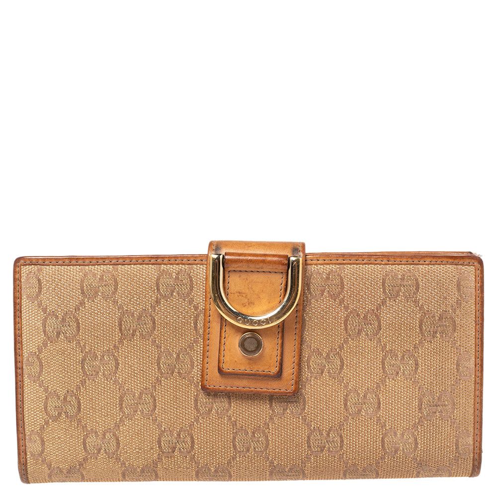 image of Gucci Metallic Beige GG Canvas And Leather D Ring Continental Wallet in Black, Women's
