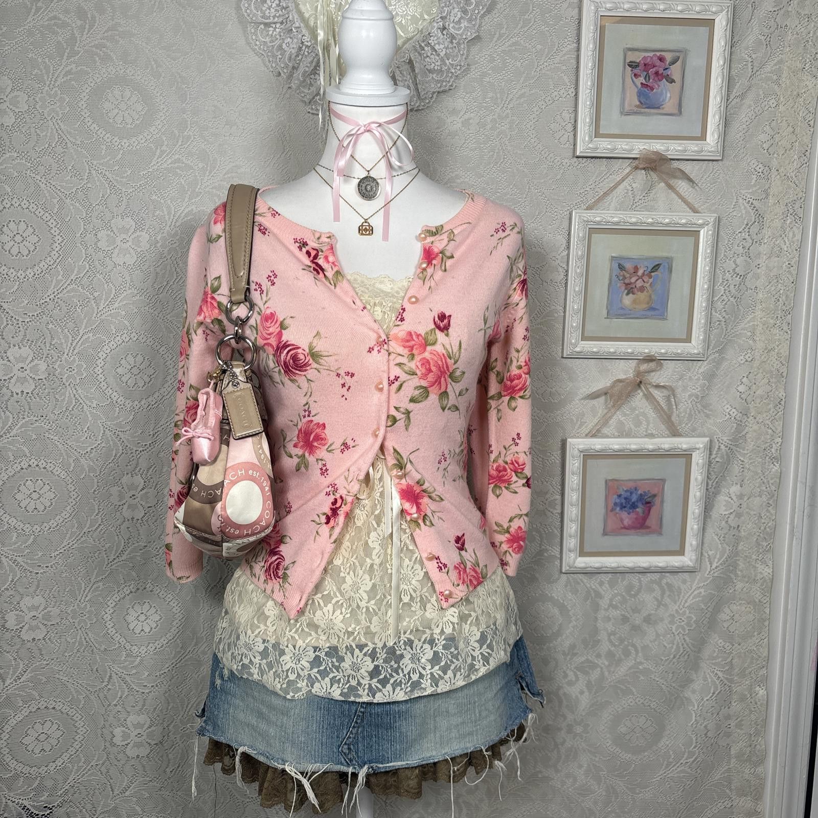 Other vintage pink floral coquette fitted cardigan Size M / US 6-8 / IT 42-44 - 1 Thumbnail