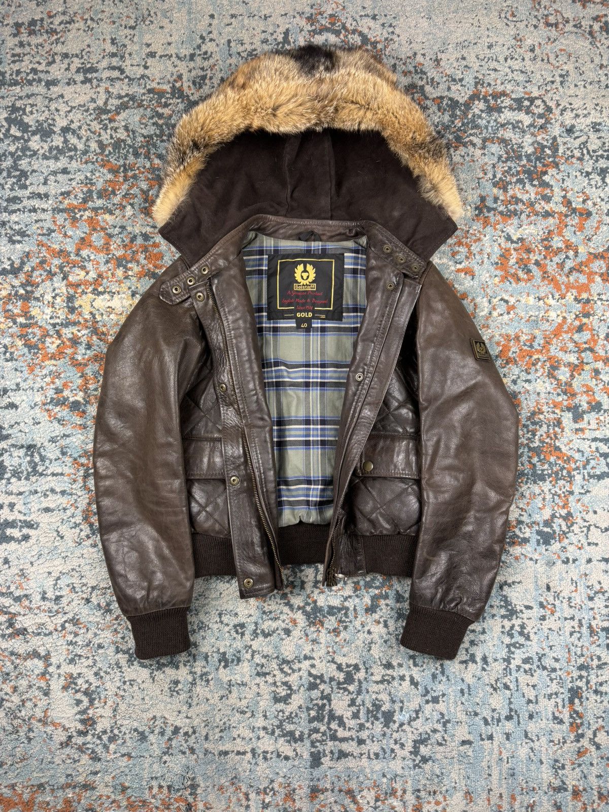 Vintage 90s Belstaff ocelot hooded leather fur bomber jacket - Main Image