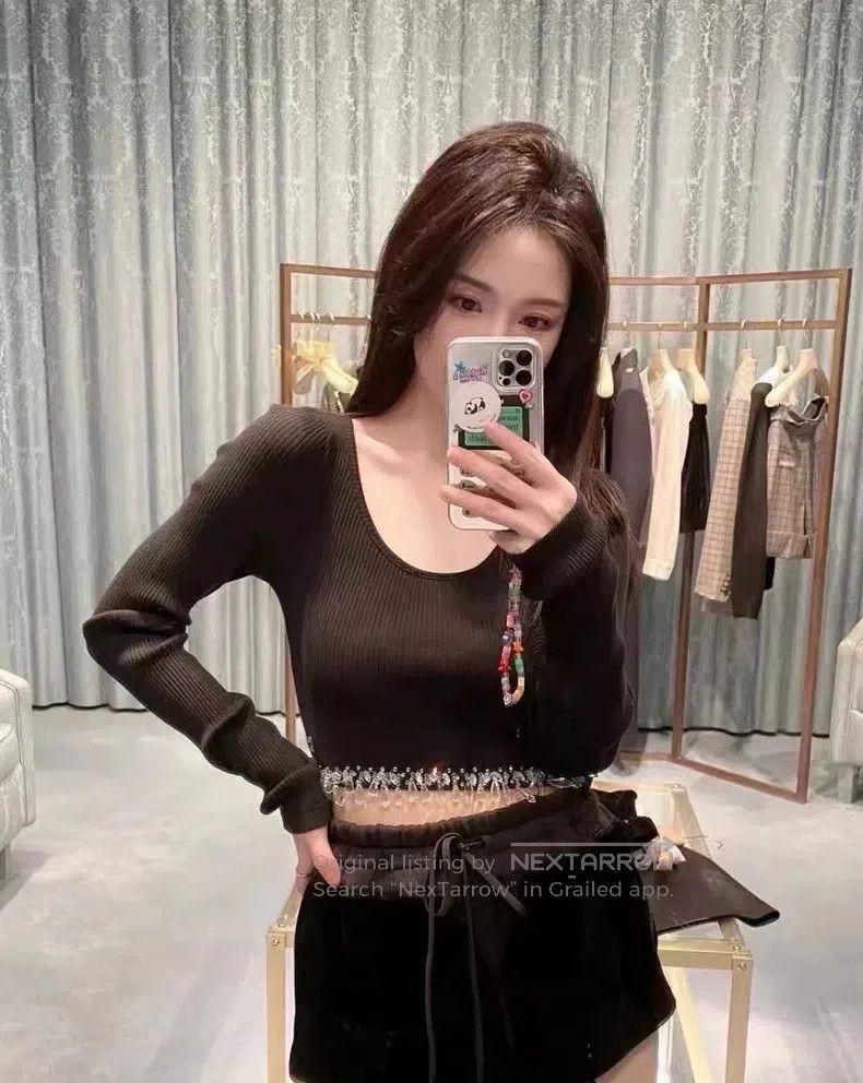 Miu Miu Miu Miu Size XS Crystal pendant black long sleeve short top Size XS / US 0-2 / IT 36-38 - 6 Thumbnail
