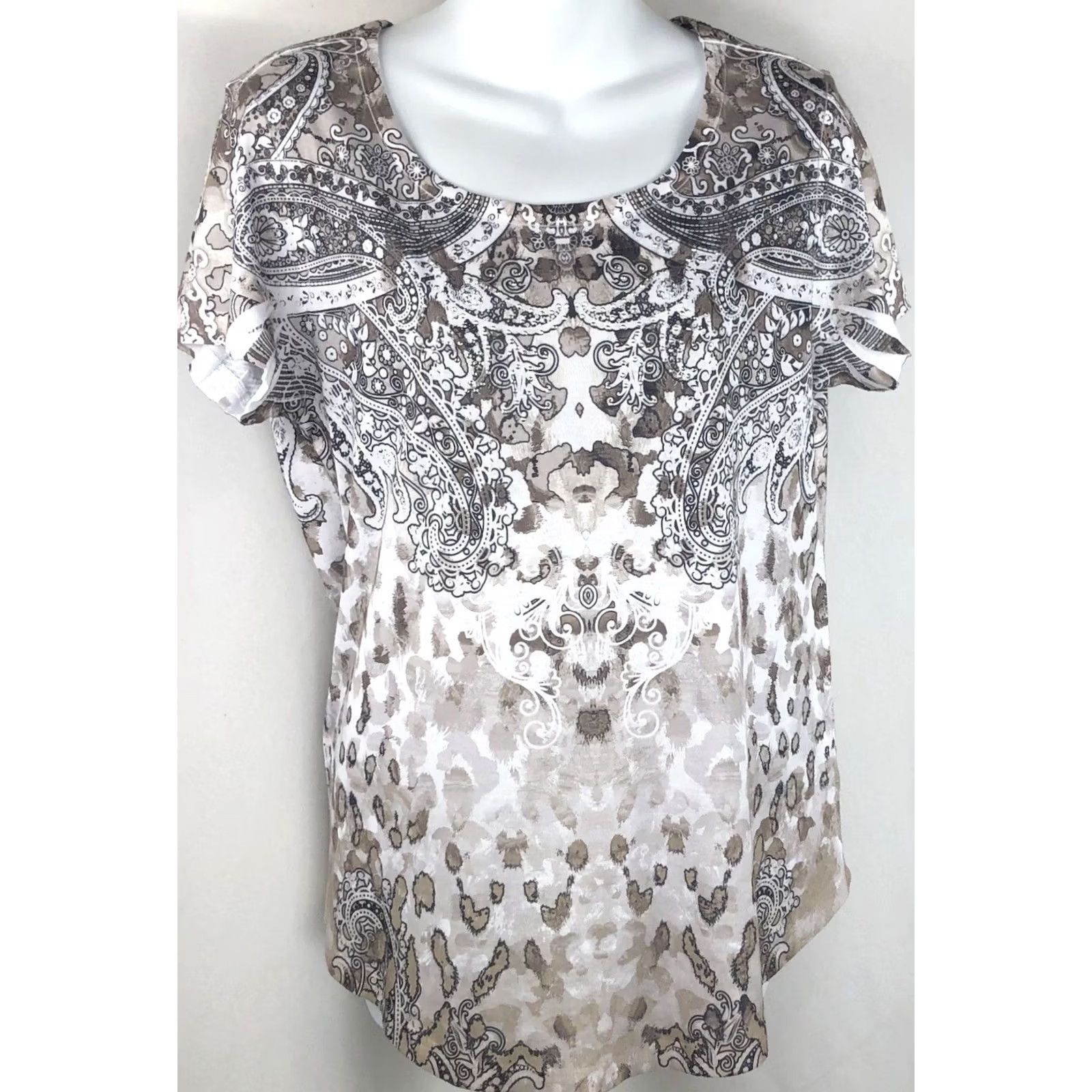 Style & Co Style & Co scoopneck top M brown gray paisley Geo short sleeve beaded tee Boho Casual Womens XS? Size M / US 6-8 / IT 42-44 - 2 Thumbnail