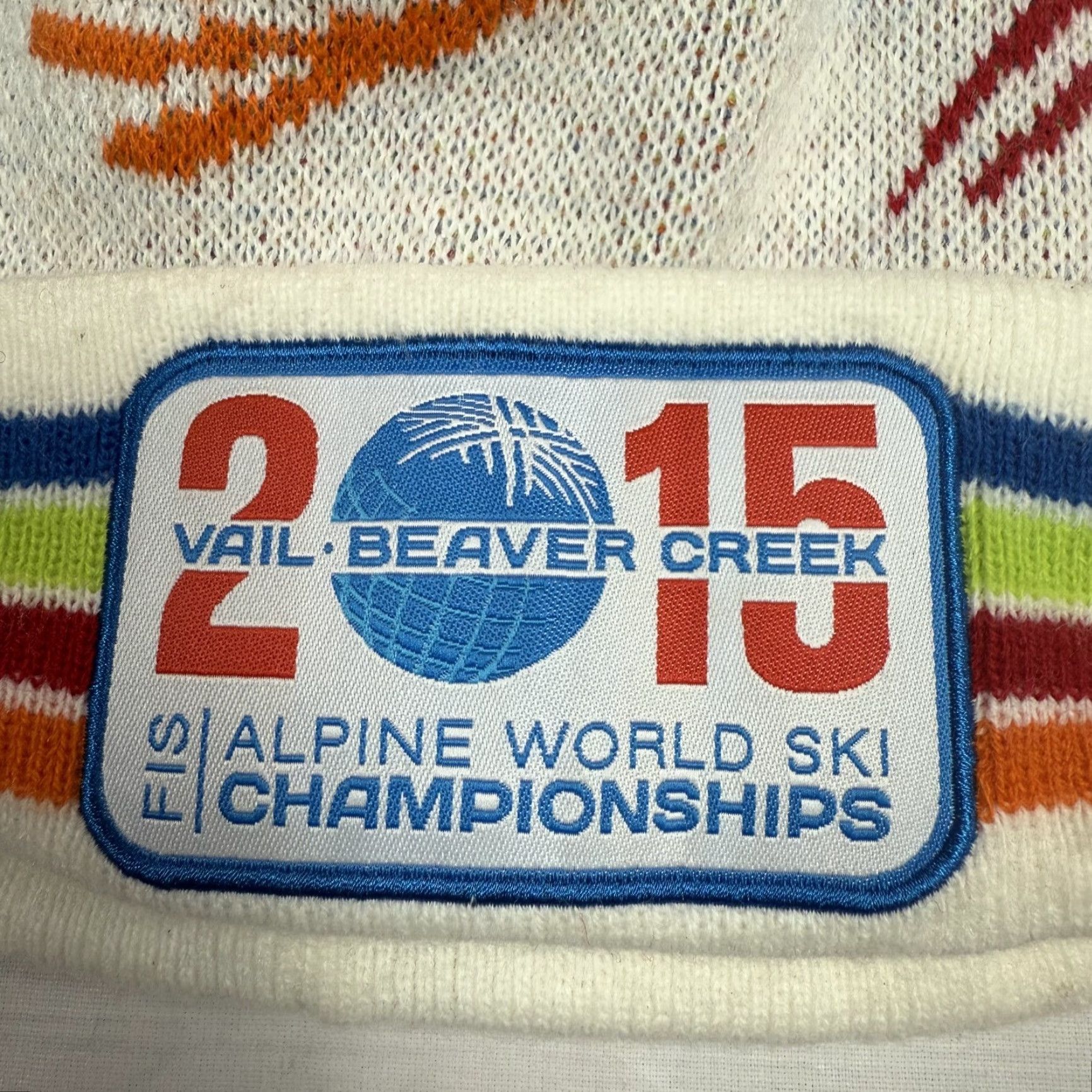 Vintage Vail Beaver Creek 2015 Alpine Ski Knit Hat Beanie White Blue Pom Pom One Size Unisex Adults Knit Striped Cotton Blend Winter Size ONE SIZE - 6 Thumbnail