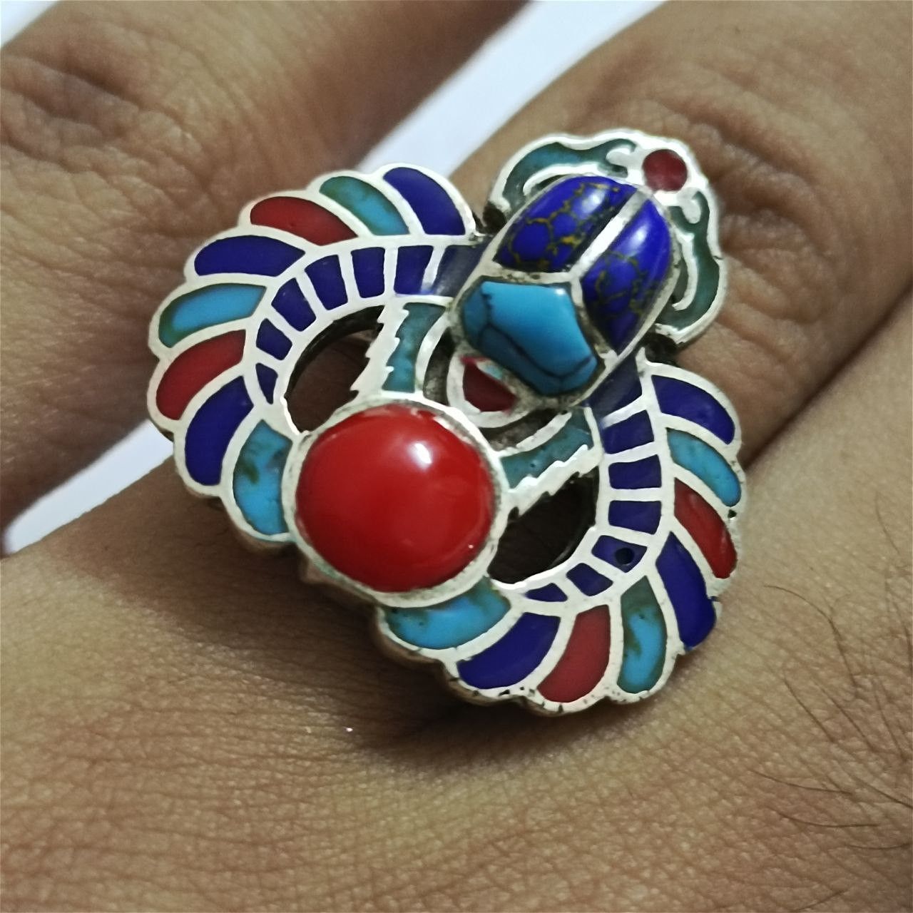 Sterling Silver 925 silver adjustable ring with scarab, turquoise, coral Size ONE SIZE - 8 Thumbnail