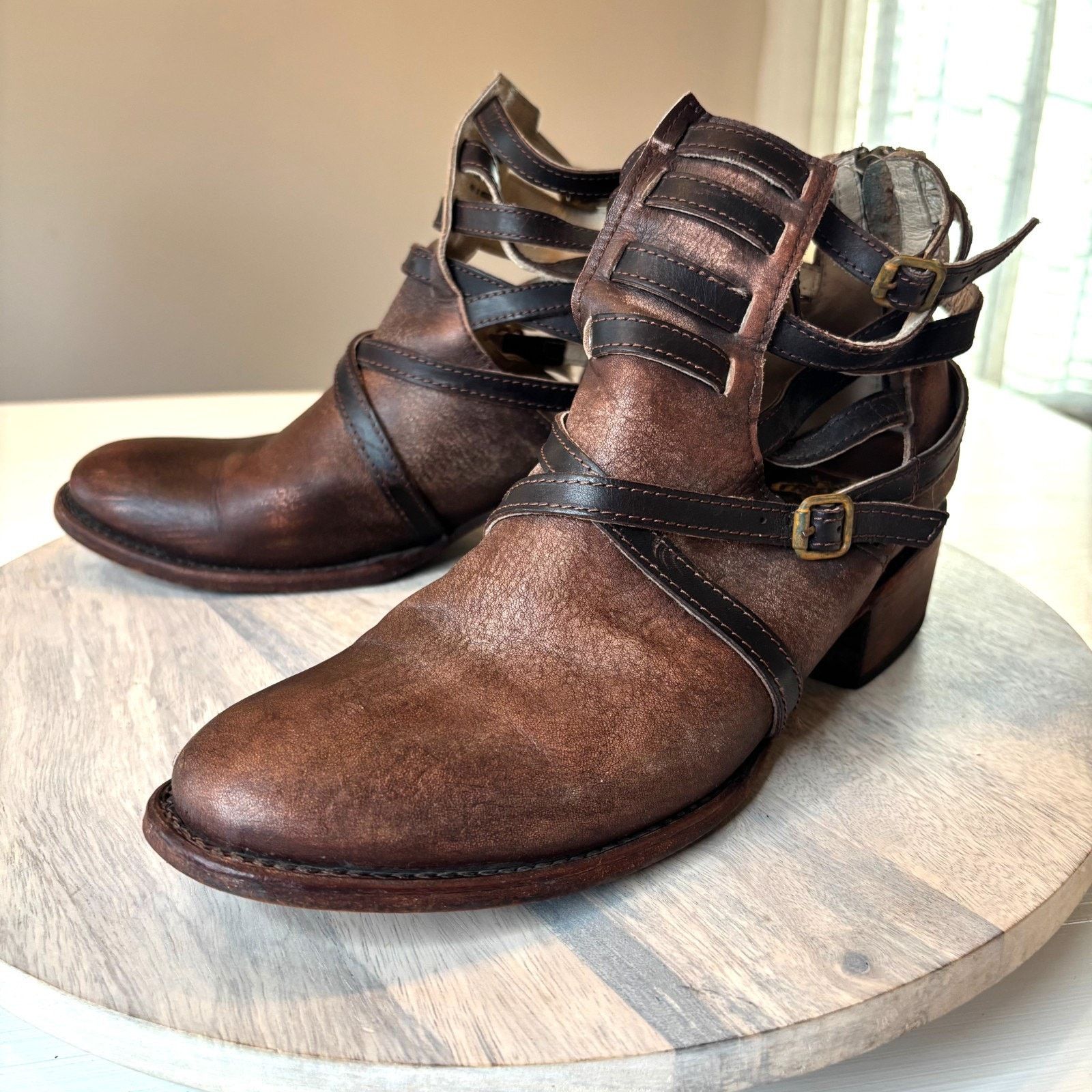 FREEBIRD Freebird Stair 10 Brown Strappy Harness Western Ankle Boots Size US 10 / IT 40 - 1 Thumbnail