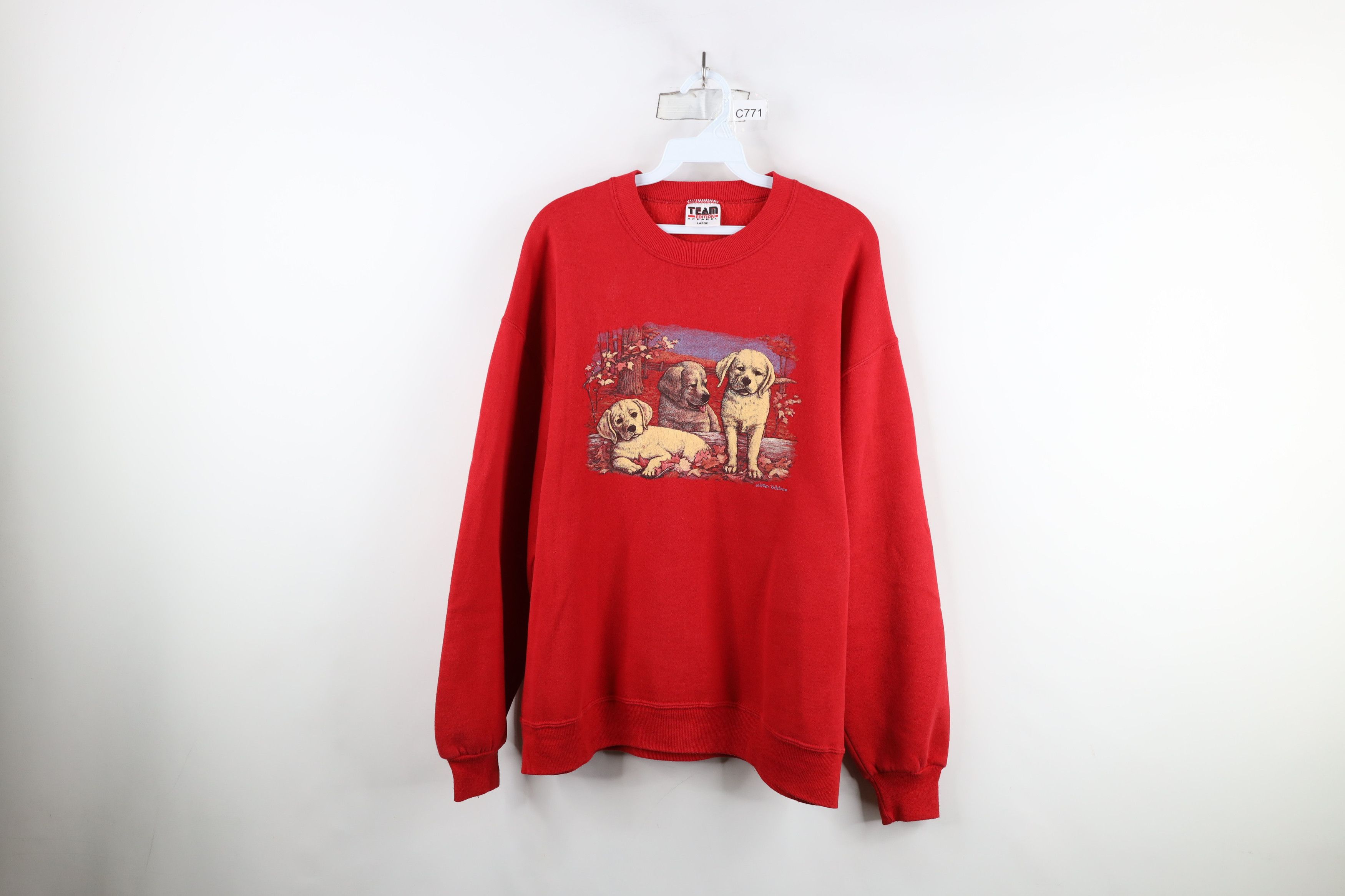 Vintage Vintage 90s Streetwear Puppy Dog Nature Sweatshirt Red USA Size L / US 10 / IT 46 - 1 Thumbnail