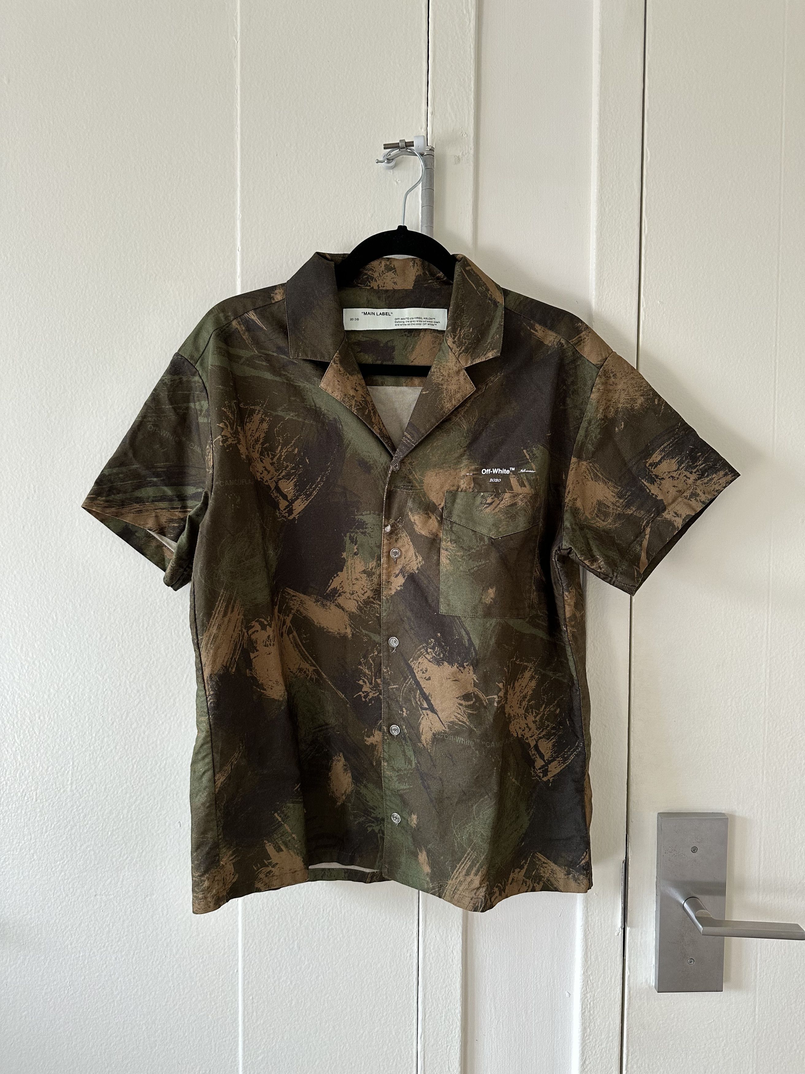 image of Off White x Virgil Abloh Off-White Incompiuto Camp Collar Shirt in Camo, Men's (Size Medium)
