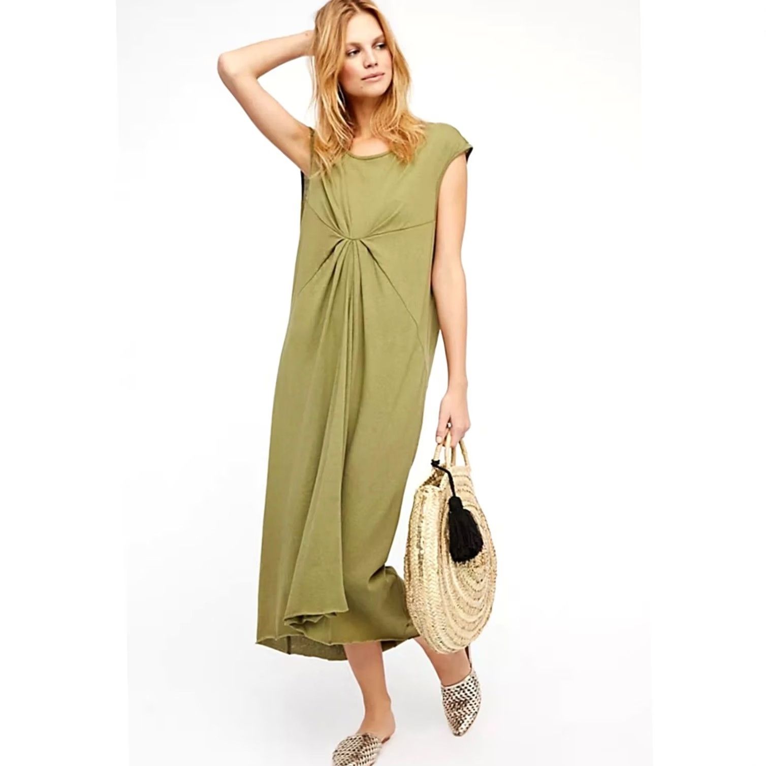 Free People Free People Beach Dress Cover Up Maxi Oversized Olive Green 100% Cotton M Womens Dress Beach Maxi Green Ottoman? Size M / US 6-8 / IT 42-44 - 3 Thumbnail