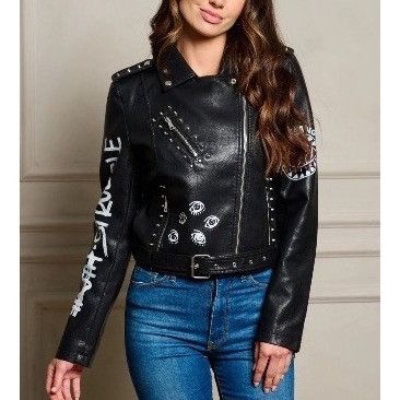 Other Black Punk Rock Graphic Studded Belted Vegan Leather Jacket Size M / US 6-8 / IT 42-44 - 2 Thumbnail