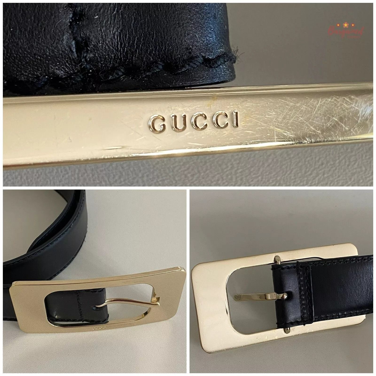 Gucci Gucci Black Calfskin Leather Gold Large Square Buckle Belt Size 30 - 2 Thumbnail