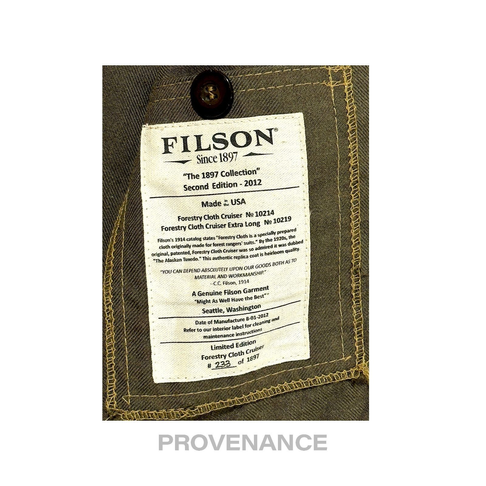 Filson 🔴 Filson 1897 Ltd Ed Forestry Cloth Cruiser Olive 36 XS Size US XS / EU 42 / 0 - 11 Thumbnail