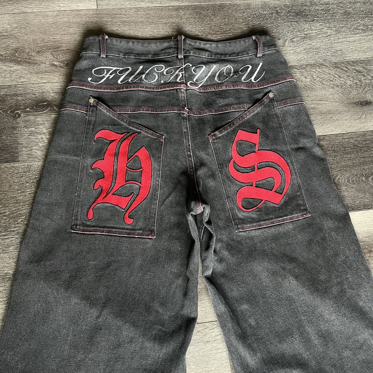 Haunted Starbucks Haunted Starbucks Fuck You Baggy Denim Jeans Red Size Small Size US 33 - 3 Thumbnail