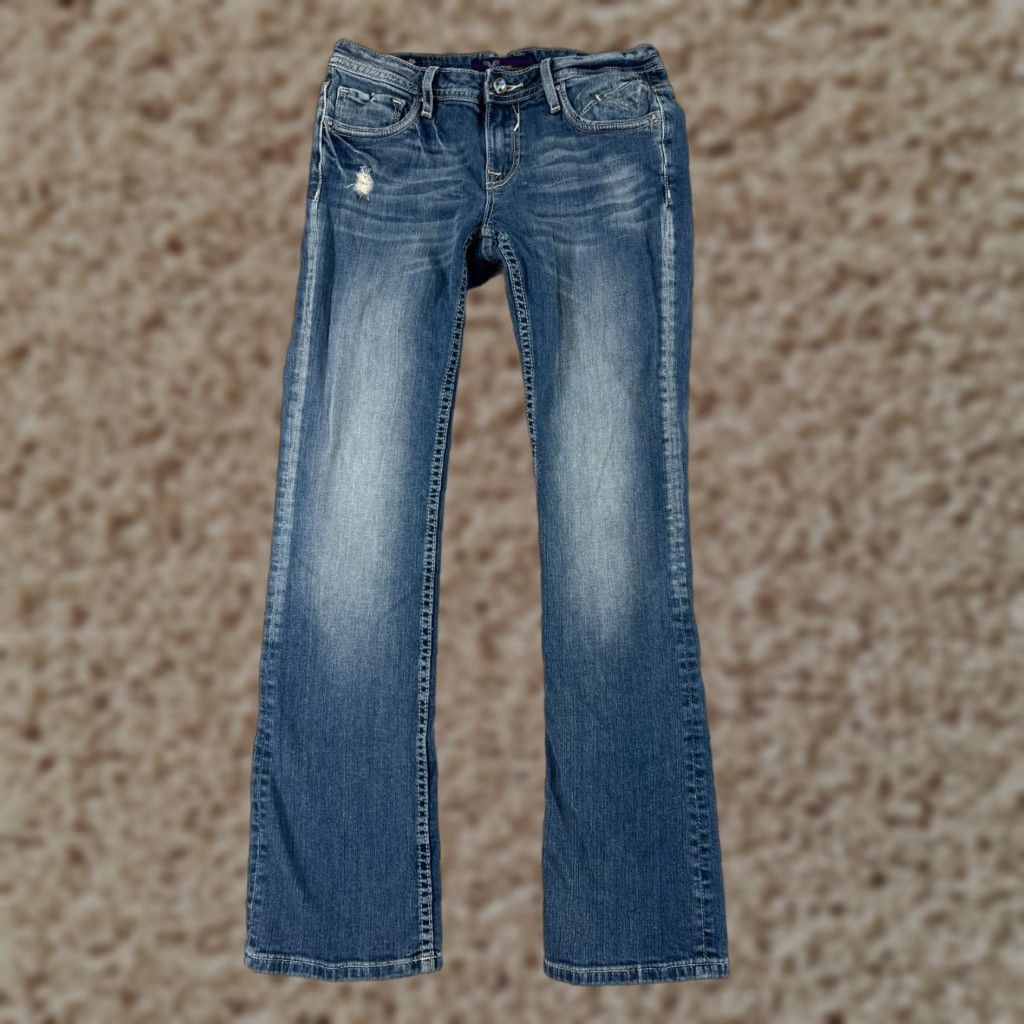 Vintage VIGOSS Denim Jeans Women 27 Blue Distressed Rhinestone Embellished 5-Pocket Straight Boot Cut Pants Size 27" / US 4 / IT 40 - 1 Thumbnail