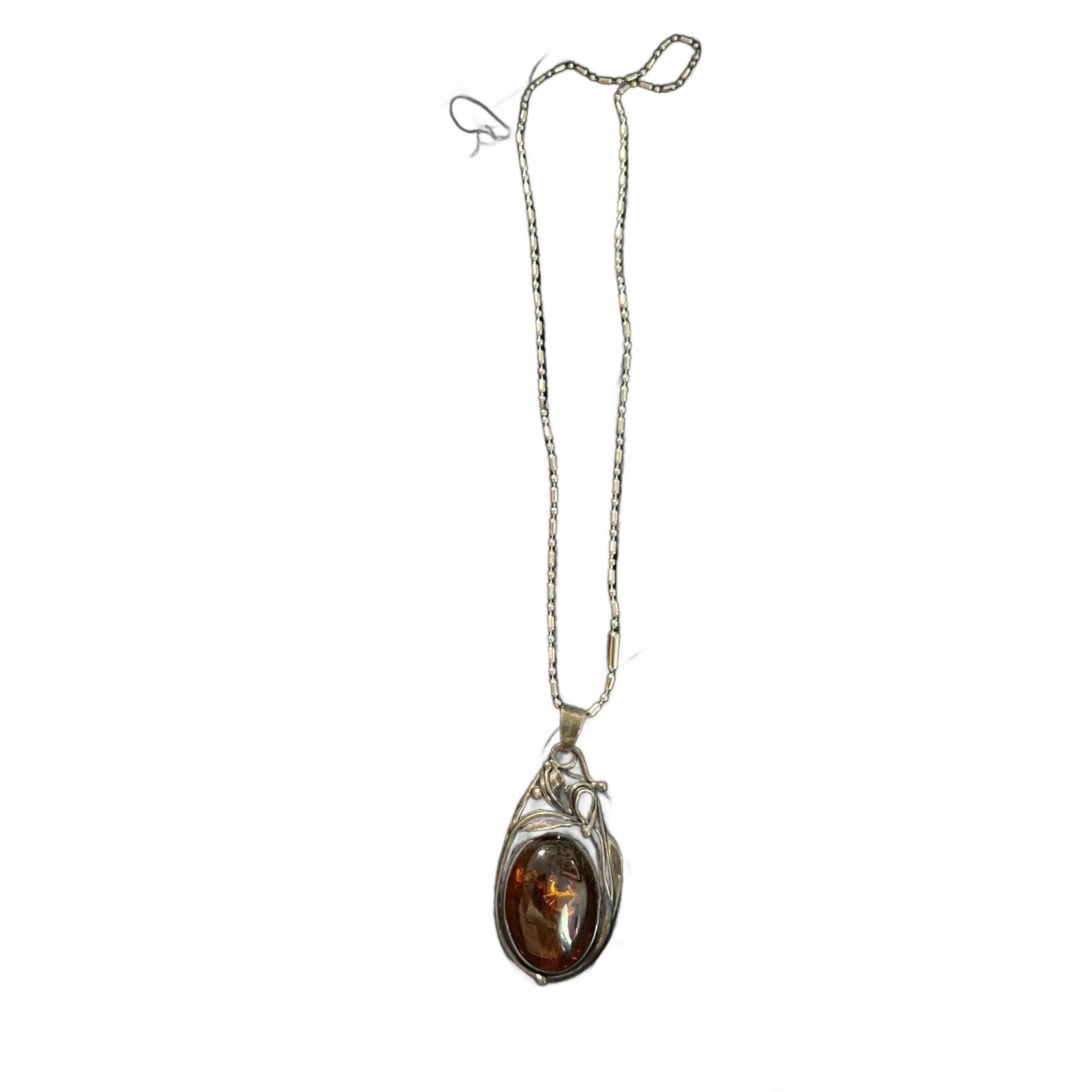 Vintage Amber Pendant Necklace with Silver Chain