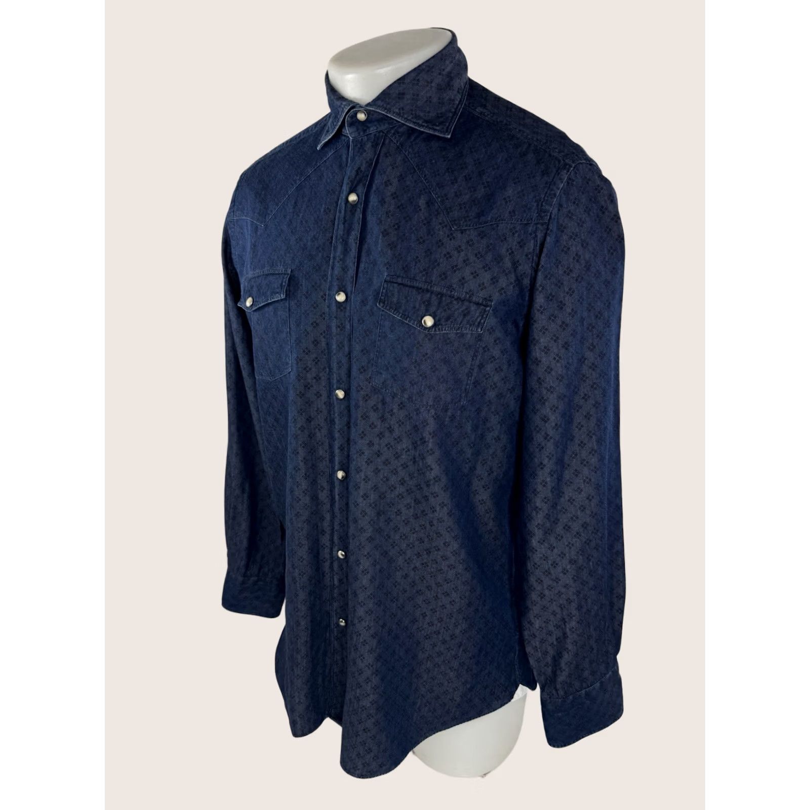 Vintage GIANNETTO PORTOFINO Western Geometric Pearl Snap M Shirt Mens Blue Button-Up Long Sleeve Snaps Geometric 90s Theme M Womens? Size US M / EU 48-50 / 2 - 1 Thumbnail