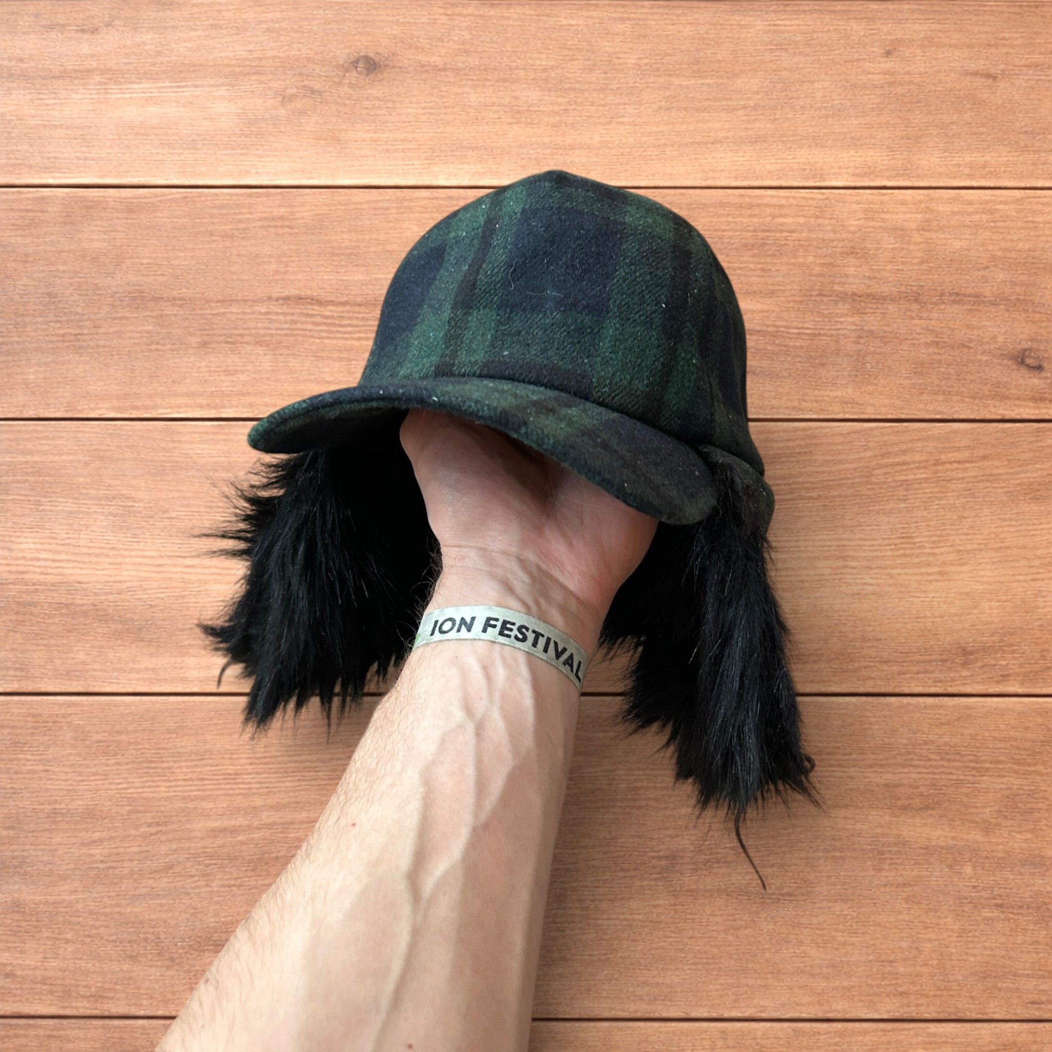 Japanese Brand Trapper Russian ear flap hat cap in checkered khaki/black. Size ONE SIZE - 2 Thumbnail