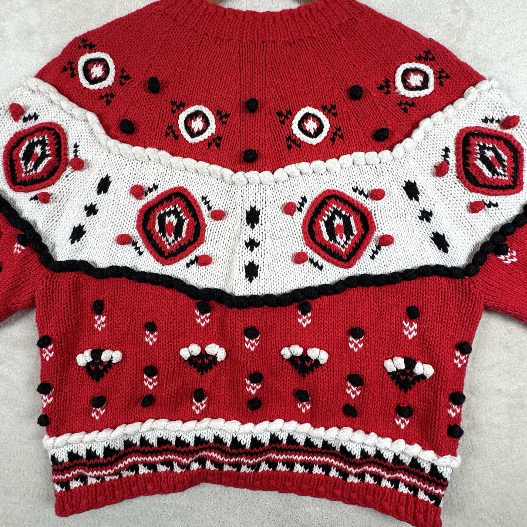 Vintage VINTAGE Birch Bros Cardigan Sweater Women M Black White Red Chunky Knit Fair Isle Open Oversized Button Collarless 90s Mens Womens Girls Boys Size M / US 6-8 / IT 42-44 - 3 Thumbnail
