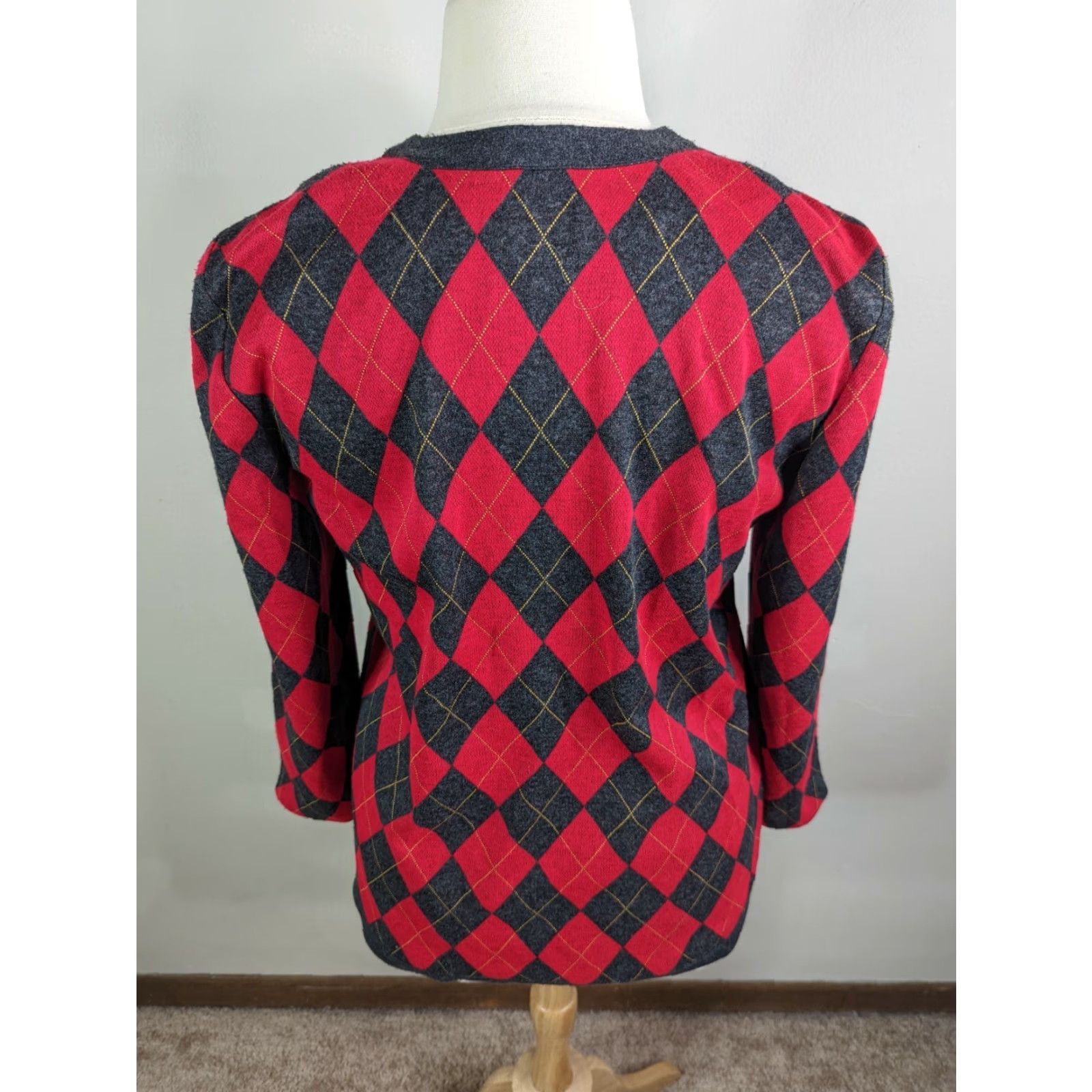 Vintage VTG Leslie Fay Argyle Cardigan Women’s XL Red Gold Gray S4C V Neck 90s 80s Vintage Secretary/Geek Clothing Mens? Size XL / US 12-14 / IT 48-50 - 4 Thumbnail