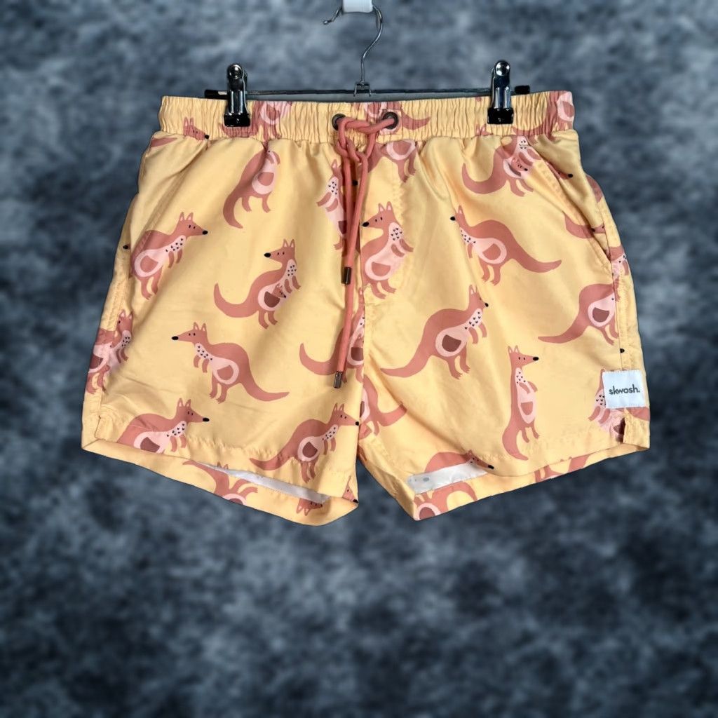 Vintage Skwosh Mens Size Small Kangaroo Print Swim Shorts Yellow Size US 31 - 1 Thumbnail