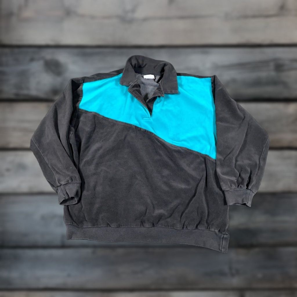 Vintage VTG 80s Velour Collared Shirt Women's Large Black Teal Boxy Fit Oversized Polo Size L / US 10 / IT 46 - 1 Thumbnail